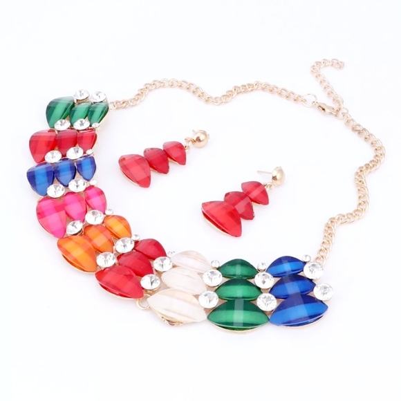 18K gold plated crystal rainbow double stacked necklace earrings set. - Picture 6 of 11